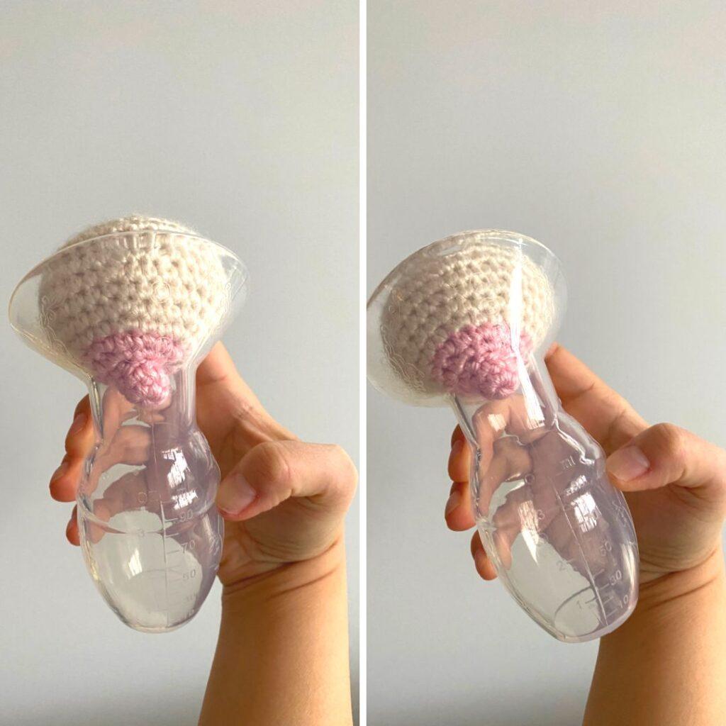 comparison of haakaa silicone breast pump,  one straight up and down with crochet breast and one tilted slightly to the side with crochet breast